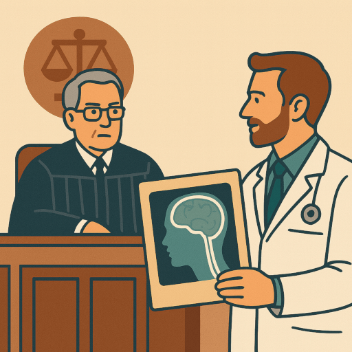 Arzt erläutert einem Richter ein medizinisches Gutachten im Arzthaftungsprozess