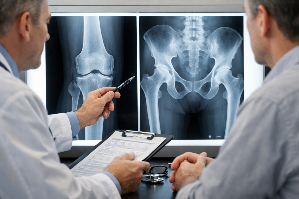 Röntgenbild Knie und Hüfte bei ärztlicher Besprechung